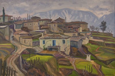 Goura Evening with Rain, Snowy Mountains in Background — Oil painting, Canvas, 54.00×81.00cm — Theodoros Markellos